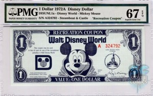 1972 Disney Dollar Recreation Coupon PMG 67 EPQ Superb Gem Uncirculated Prototyp