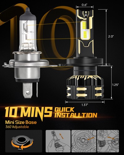 AUXBEAM H4 LED Headlight Bulbs Kit Lamp Car 6500K Globes High Low Beam 30000LM - Picture 8 of 12