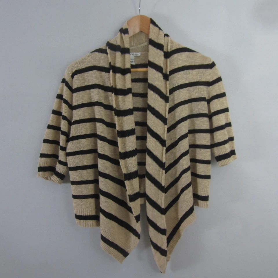 Cárdigan corto abierto Kenneth Cole para mujer pequeño beige negro a rayas SS lino algodón Foto 4 de 4