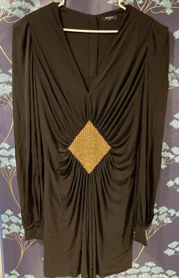Balmain Paris Dress Gold Sequin Diamond V-Neck Long Sleeve Black Size 42  (READ) | eBay