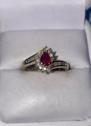 ESTATE Solid 14K Gold Pear-Cut Natural Ruby Diamond Cocktail Ring Size 7 - Picture 6 of 10