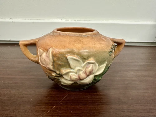 Roseville Pottery "Magnolia" Brown / Green Jardinière Vase 446-4 - VGUC