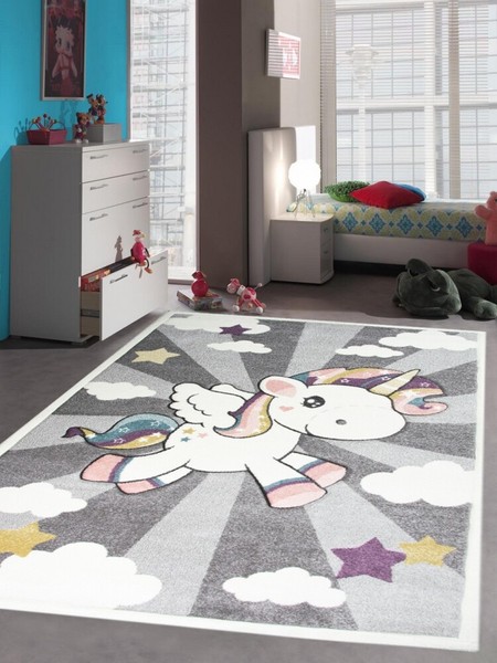 Kinderteppich Spielteppich Babyteppich Mit Einhorn Regenbogen In Grau Creme-image