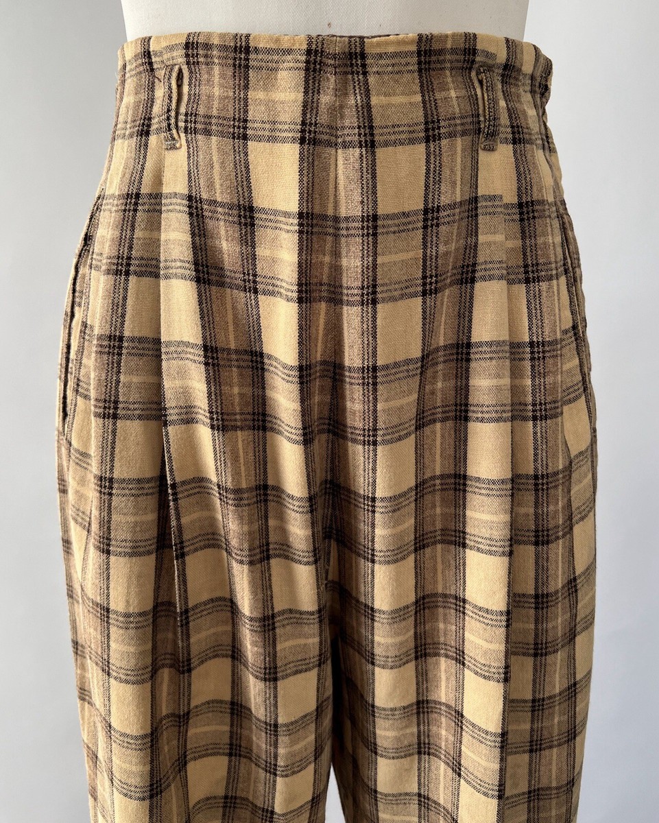 パンツ 50s vintage wool slacks brown xl Vintage 1950s Brown Wool Plaid High Rise Trousers Slacks Pants
