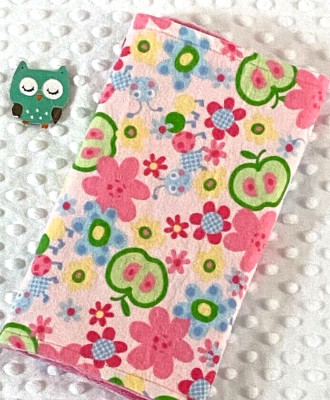 Handcrafted Pink Flannel Flowers Caterpillars & Pink Minky  Baby Burp Cloth