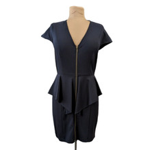 Size 4 Navy Brass Zip-Front Ponte V-Neck Dress Peplum Stretch Office Siren Pinup