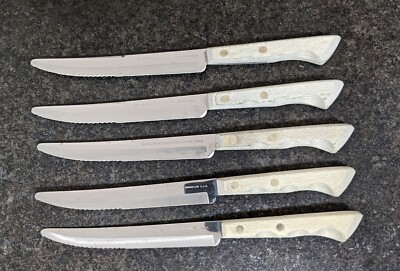 Vintage Lot of 5 Flint Stainless Vanadium Serrated 8.5'' Knives Wood Handle USA