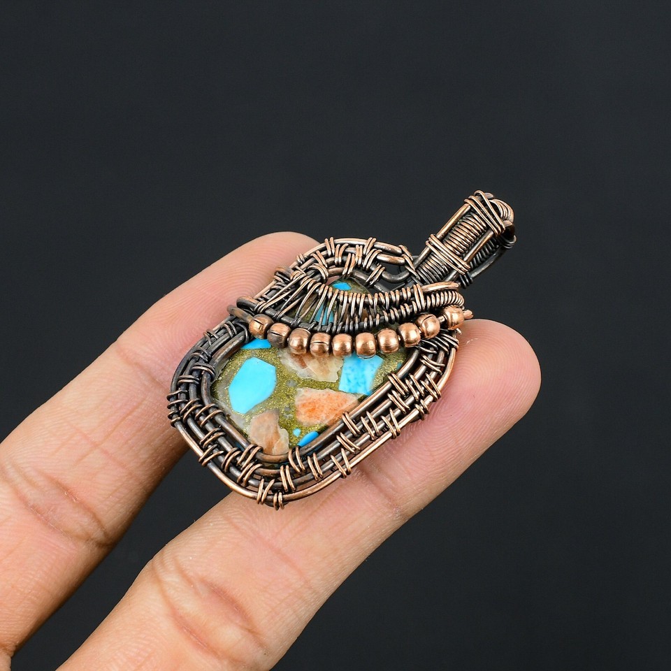Designer Copper Larimar Gemstone Copper Wire Wrapped Handmade Pendant