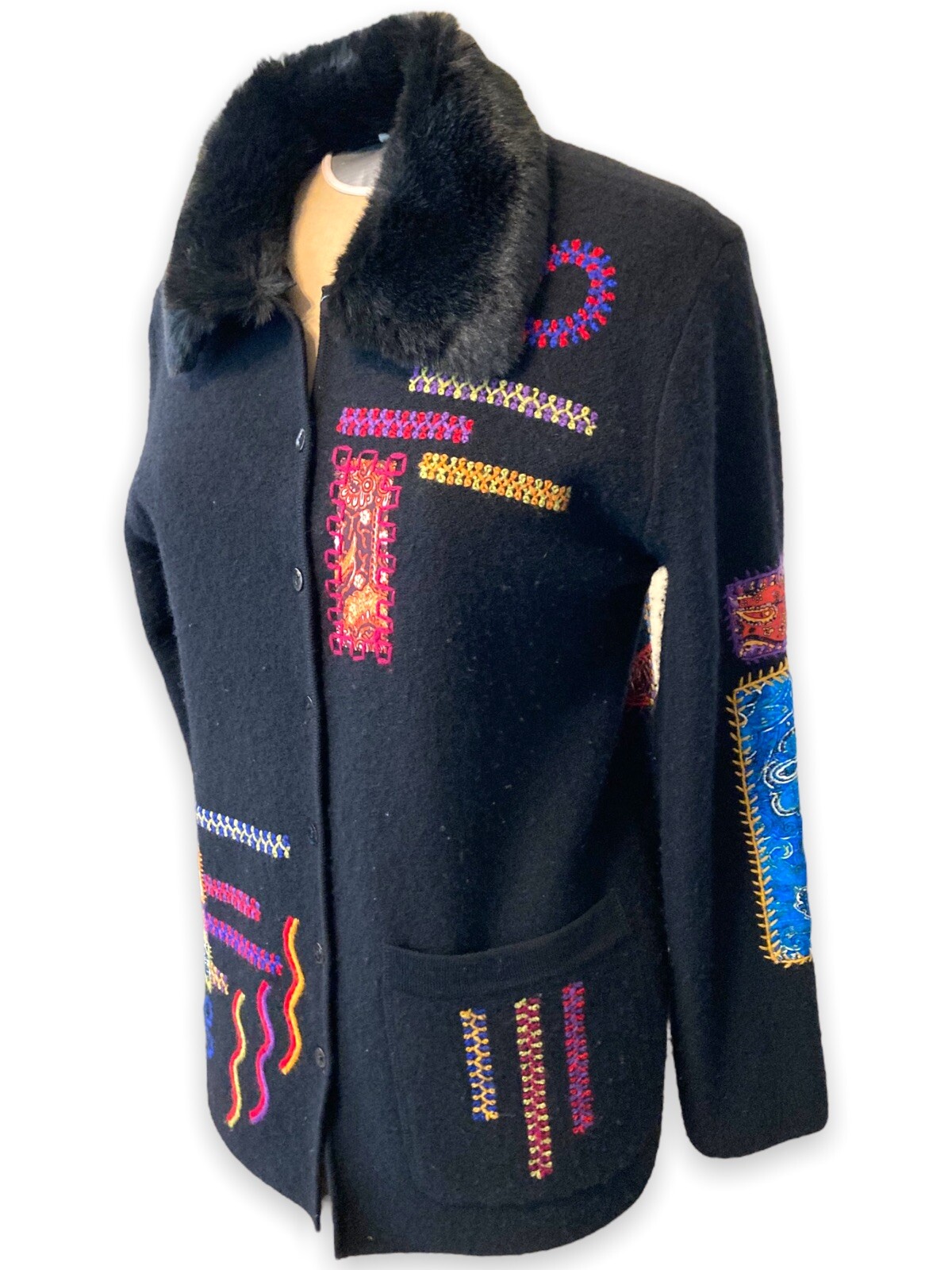 CHICOS DESIGN wool Jacket Patchwork Embroidered C… - image 4