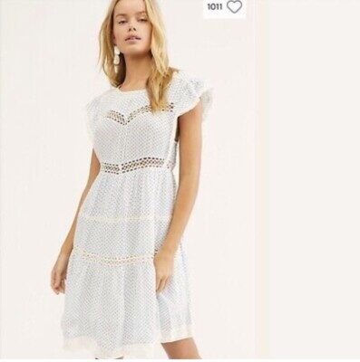 Free People NWT Retro Kitty Crochet Trim Dress Ivory Blue M $128 OB957251 
