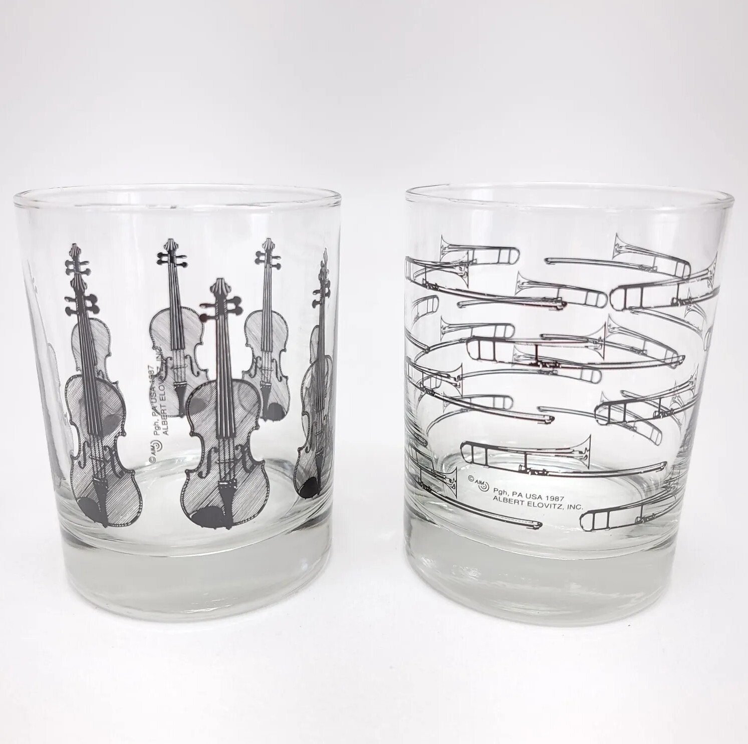 Albert Elovitz Musical Instrument Bar Rocks Glasses Cocktail Rare 1987 Barware