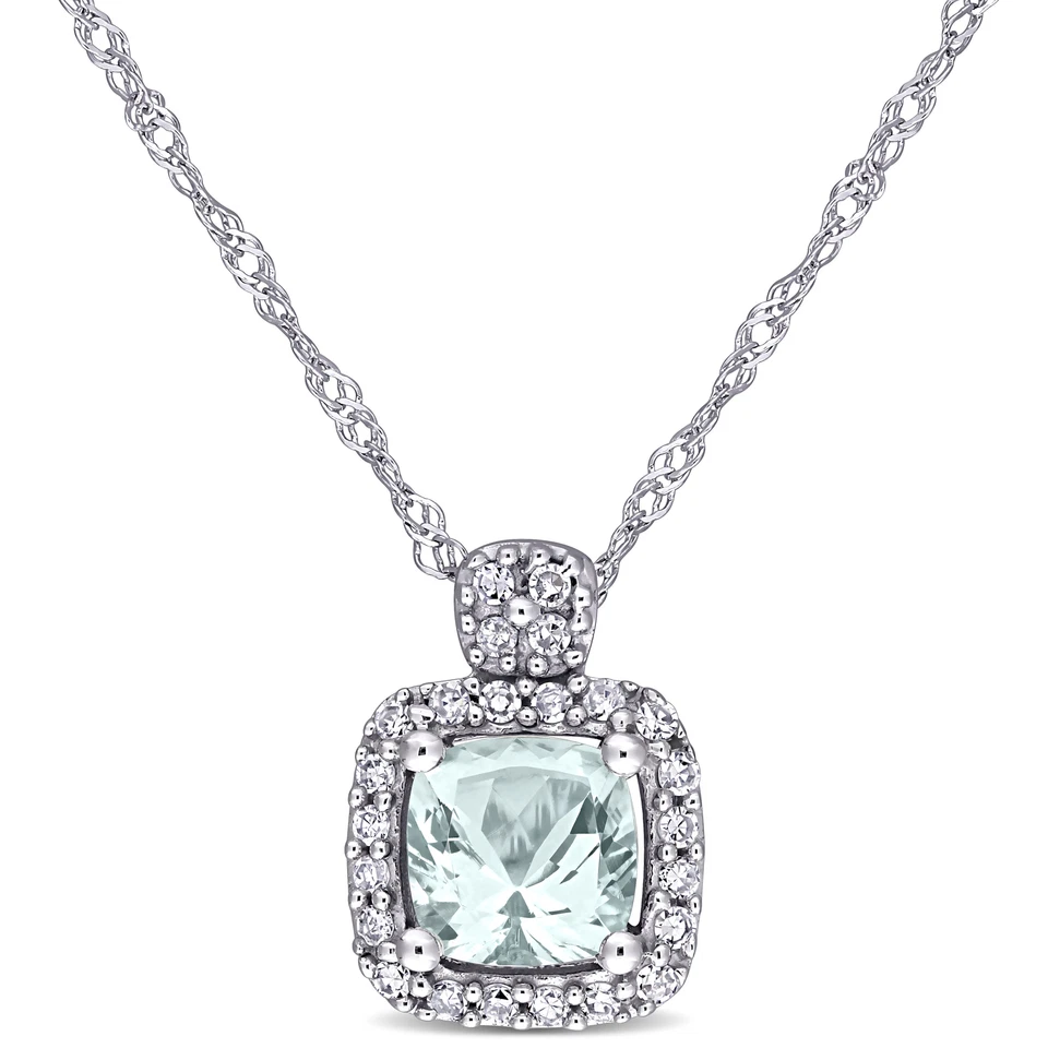 Amour 10k White Gold Aquamarine and 1/10CT TDW Diamond Pendant with Chain
