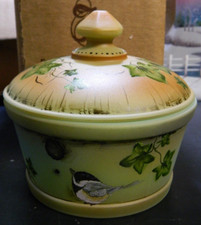 Fenton LE Hand Painted Jadeite Glass Round Chickadee Home Covered Bowl #1/27 Exc