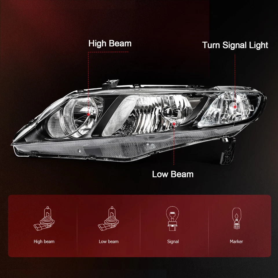 Conjunto de faros para Honda Civic 2006-2011 sedán 4 puertas par de carcasas negras Foto 3 de 4