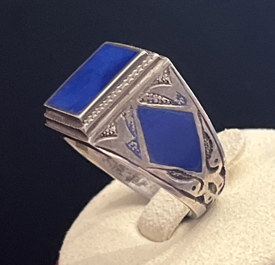 Antiguo anillo de sello Art Deco de plata esterlina esmalte azul para hombre talla 9,25 Foto 3 de 4