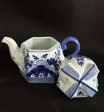 Vintage Delft Blue and White Teapot Windmill Shaped Rare To Find 8” Tall Superb