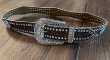 Vintage Nocona Western Concho Belt Small Brown Leather Silver Tone Studs Crystal