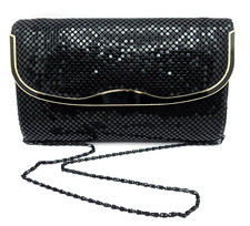 Black Mesh Evening Clutch Shoulder Bag Gold Tone Trim Chain Strap