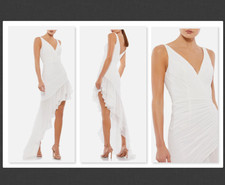 NEW  Mac Duggal White Asymmetrical Ruffled V-Neck Chiffon Dress Size 0    #B668