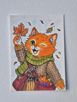Original Cat ACEO RPG Fantasy Season9 Autumn Art Color Pencil OOAK Hand drawn