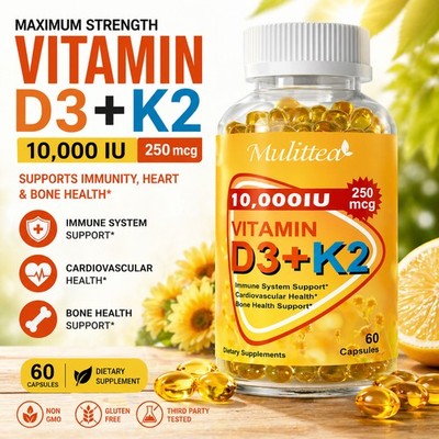 Vitamin D3 K2 10000 IU Capsules   Bone, Heart & Immune Support, MK-7, Non-GMO