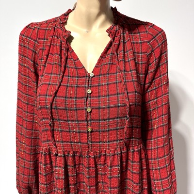 LOFT Red Plaid Dress Size S Long Sleeve Tiered Gauze Gold Metallic