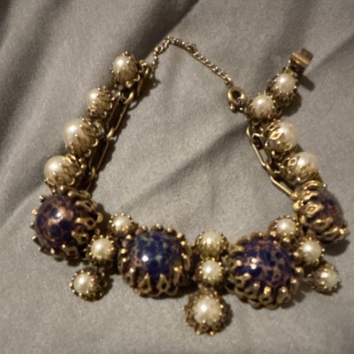 Vintage RAREChristian Dior Kramer Signed Gold Tone Blue Glass Pearl Bracelet