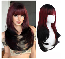 Long Straight Layered Hairstyle Bangs Wig Synthetic, Black Wine Red