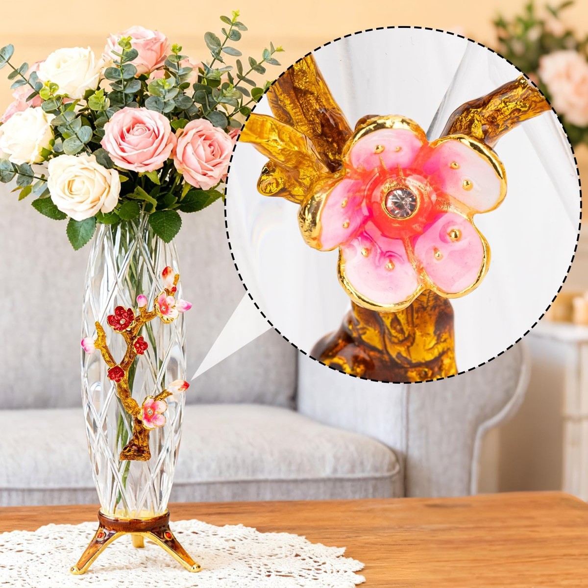 Enamel Floral Crystal Glass Vase | 10-Inch Elegant Decorative