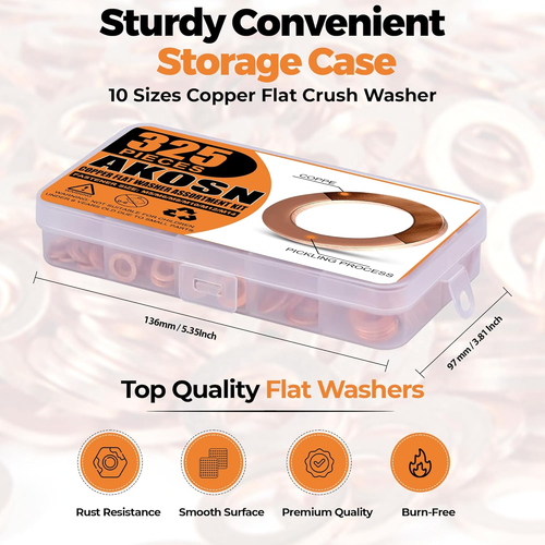 325 PCS, 10 Sizes, Premium Copper Metric Sealing Crush Washers Assortment Kit, U - Picture 2 of 12