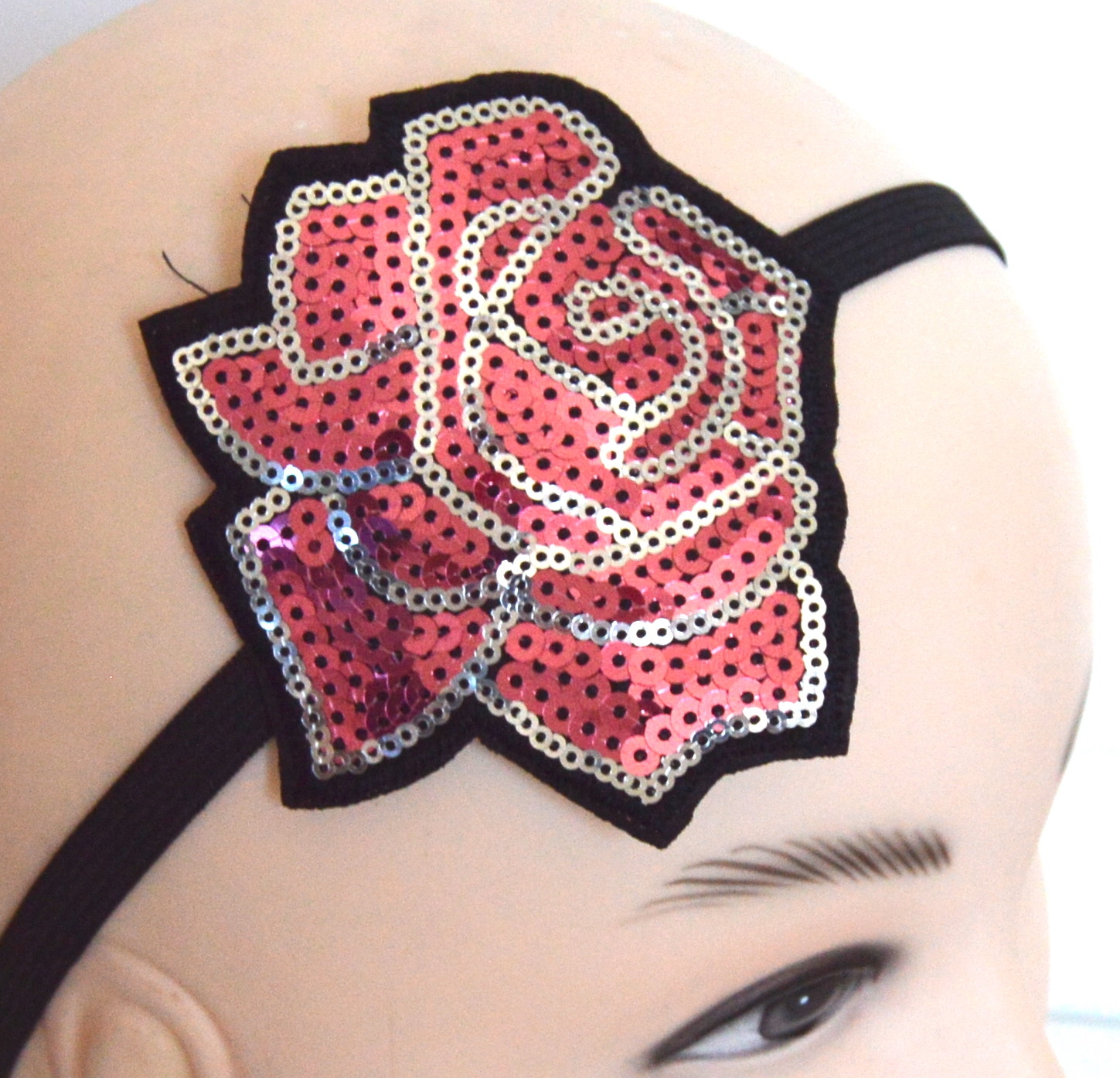 NEW Baby Pink Large Sequin Rose Black Stretch Bandeaux Browband Hair Fashion