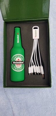 Portable Heineken Branded USB Port Bottle with Multiple Device Charging Cables