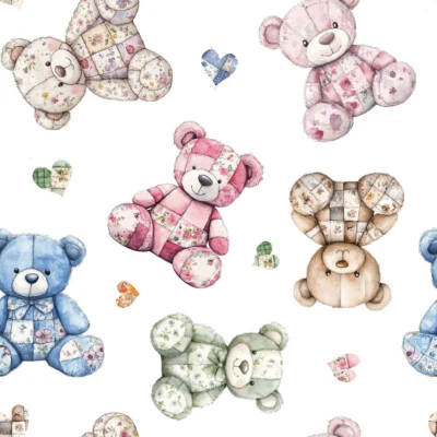 FOREVER CRAFTING UK Patchwork Teddy Bears Sewing Quilt Fabric Metres/Fat/Long/Quarters - 100% Cotton