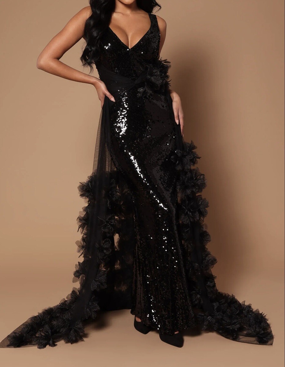 New Fashion Nova Disco Lady Black Sequin Maxi Dress, XS