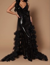 New Fashion Nova Disco Lady Black Sequin Maxi Dress, XS