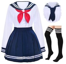 Japanese School Girls Uniform Sailor Navy Blue Pleated Skirt Anime Cosplay Co...