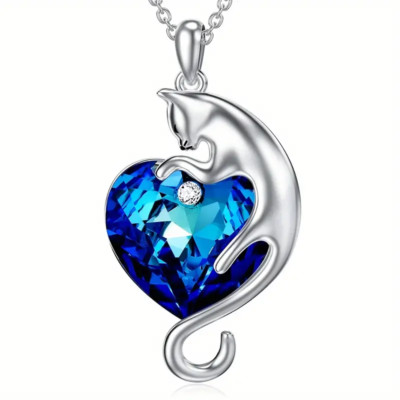 Kitty Corner Women's Necklace Silver with Blue Cat Shape Pendant 