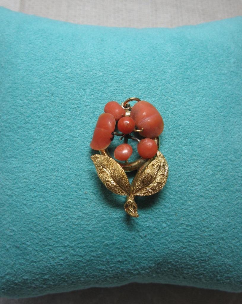 Victorien 9K or Jaune Sculpté Fleur Rouge Saumon Corail Broche Barre G