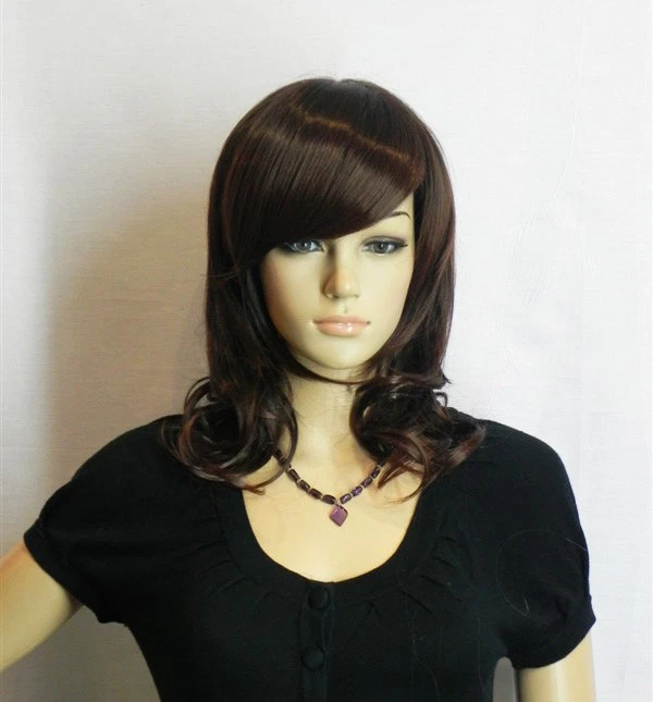 Nueva Moda Marrón Oscuro Rizado Mediano Largo Mujeres Dama Juegos con disfraces Peluca de Pelo Pelucas + Gorra Foto 2 de 4