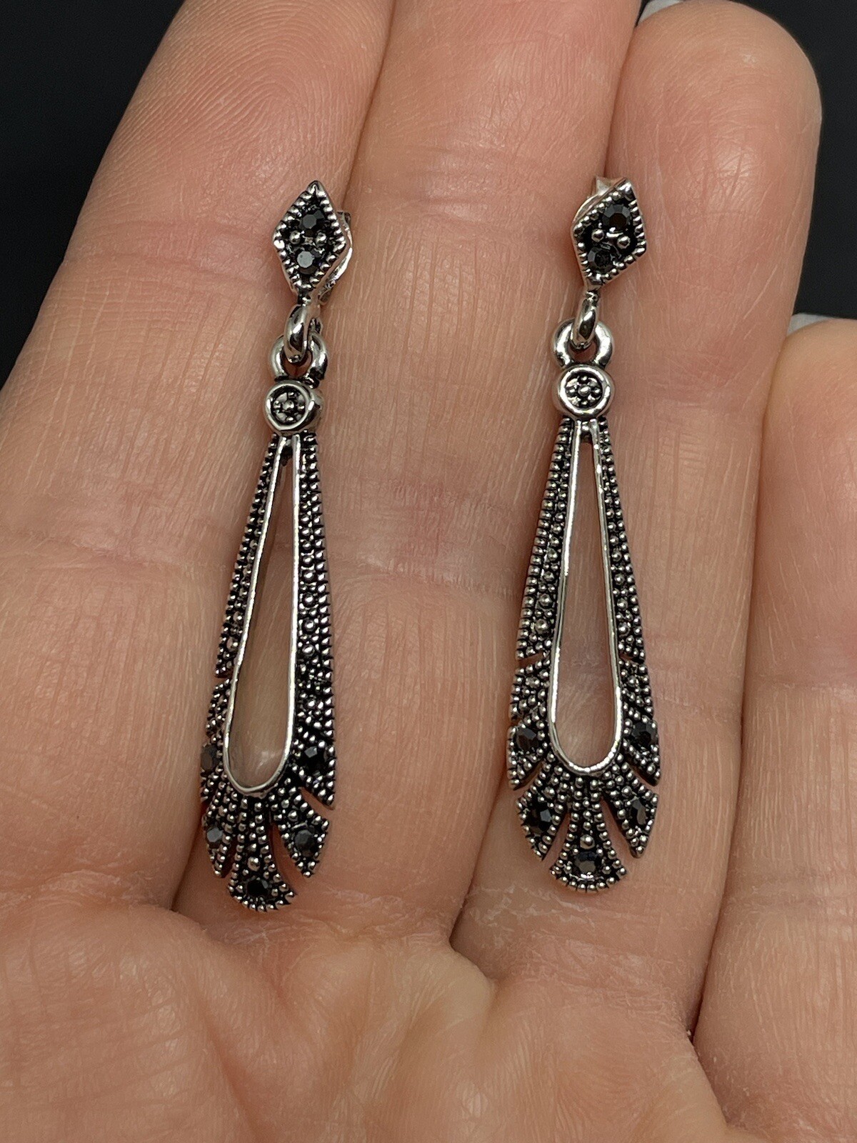 SilverTone Marcasites 1.5” Post Dangle Teardrop E… - image 2