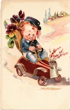 PC ARTIST SIGNED, MAUZAN, BOY DRIVING A CAR, Vintage Postcard (b46299)