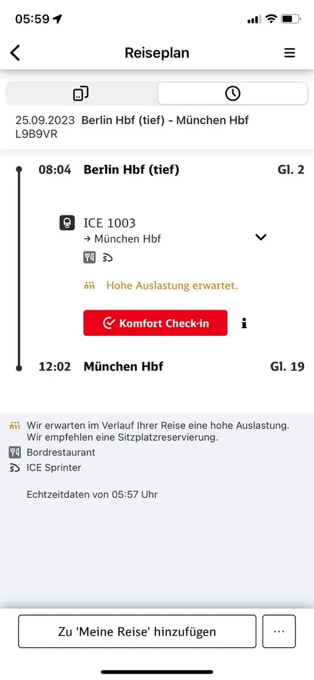 Bahnfahrt Berlin München 25.09.23 um 8:04 Uhr mit BahnCard 25