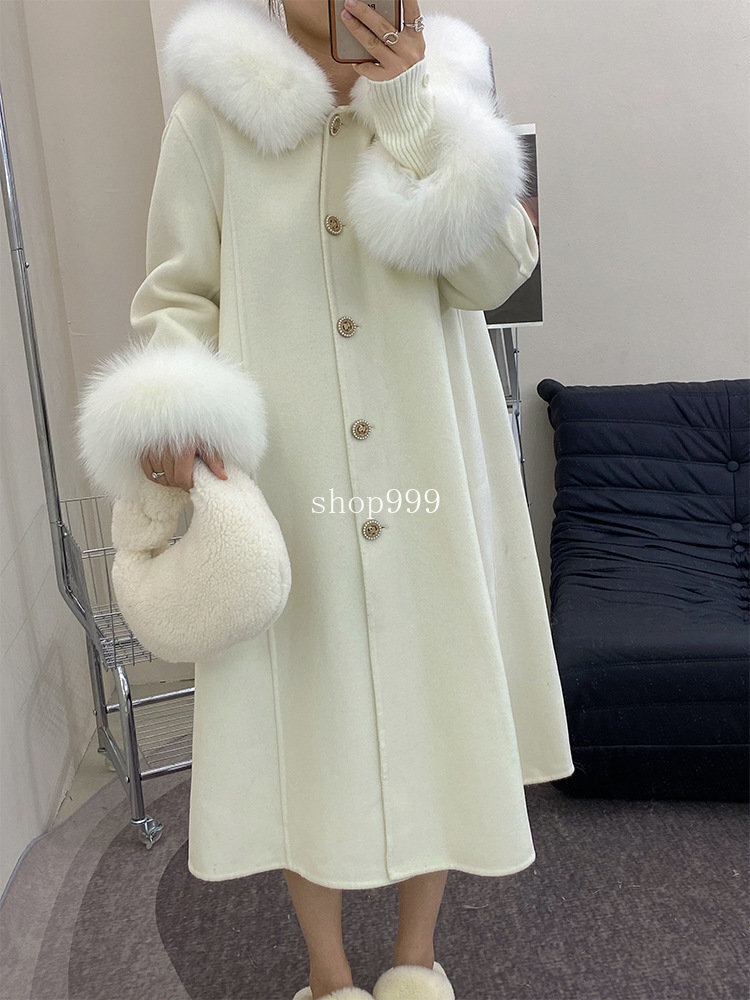 Womens Winter Fox Fur Collar Hooded Long Wool Coat Double Womens Winter Fox Fur Collar Hooded Long Wool Coat Double