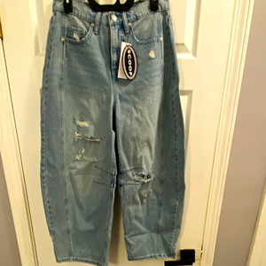 SCOOP Women's Medium Wash Blue Denim High Rise Barrel Jeans Distressed 5-Pocket