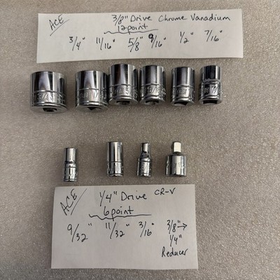 ACE 10pc 1/4'' and 3/8  Drive Sockets SAE 6 and 12 Point Chrome Vanadium