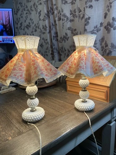 Vintage Pair Hobnail Milk Glass White Electric Table Lamps With Shades