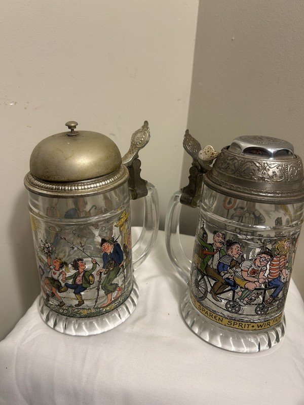 Set of 2 RARE Vintage BMF Germany Clear Glass Bell Lid Stein Mug