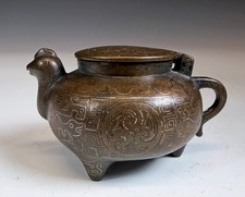 Unusual Antique Chinese Bronze Teapot with Silver Wire Inlay