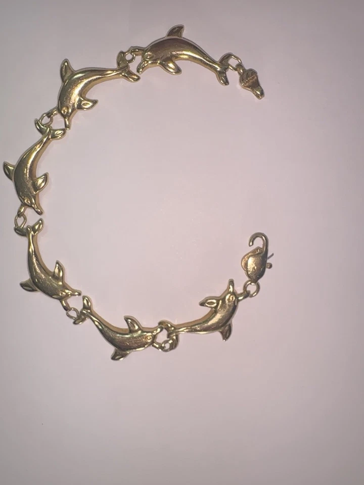 Brazalete de delfines de oro amarillo sólido de 14 quilates 7,5 pulgadas 10,5 gramos firmado JS Foto 4 de 4