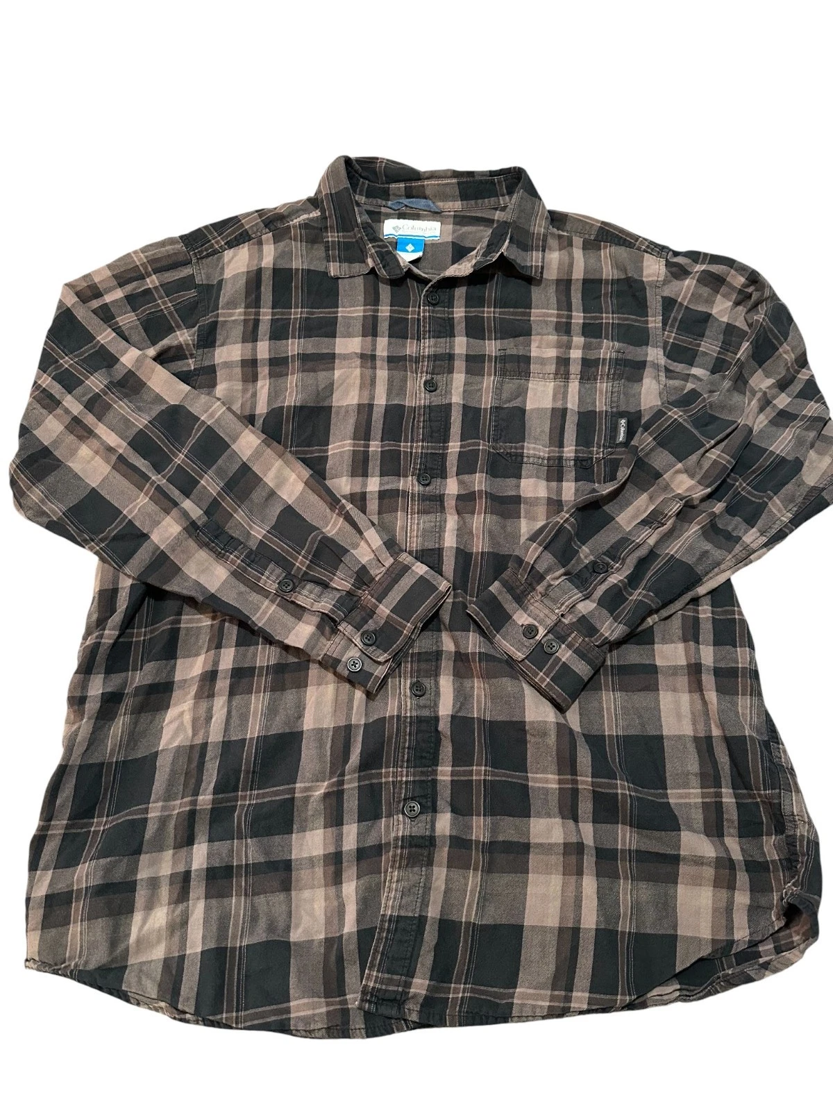 Columbia Flannel Shirt Mens XL Black Gray Plaid Long Sleeve Collared Button-Up